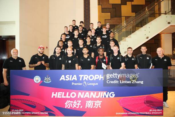 Team of Newcastle United line up for a team photo after arrival at the hotel on July 14, 2019 in Nanjing, China.