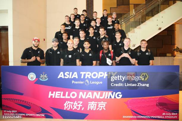 Team of Newcastle United line up for a team photo after arrival at the hotel on July 14, 2019 in Nanjing, China.