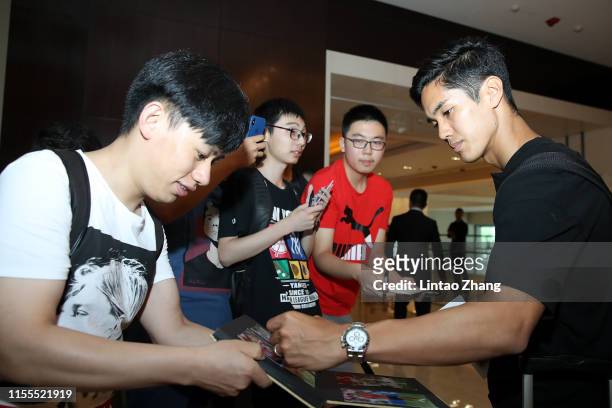 Yoshinori Muto of Newcastle United arrival sign the fans at the hotel on July 14, 2019 in Nanjing, China.
