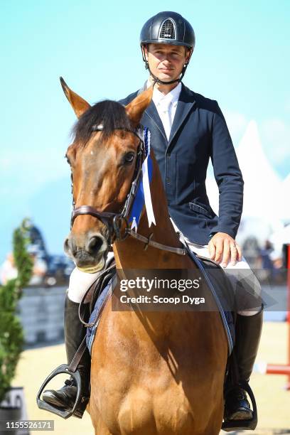 Cyril Bouvard OF FRANCE riding Jilani de l'Am during the Jumping Longines Crans Montana at Crans-sur-Sierre on July 14, 2019 in Crans-Montana,...