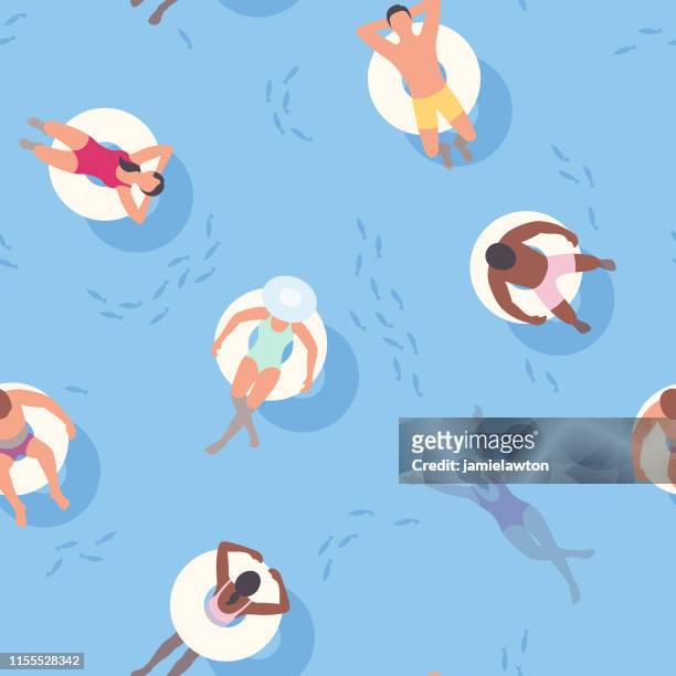 nahtloser sommerhintergrund mit menschen, die sich auf aufblasbaren ringen entspannen - pool party stock-grafiken, -clipart, -cartoons und -symbole