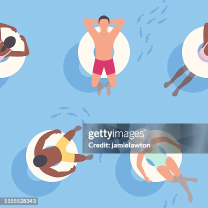 Seamless Summer Background with People relaxing on Inflatable Rings Seamless Summer Background with People relaxing on Inflatable Rings