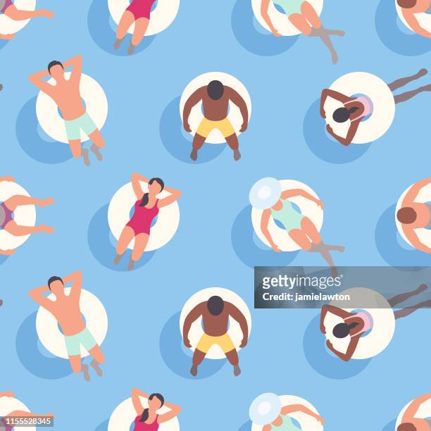 illustrazioni stock, clip art, cartoni animati e icone di tendenza di sfondo estivo senza soluzione di continuità con persone che si rilassano su anelli gonfiabili - mare