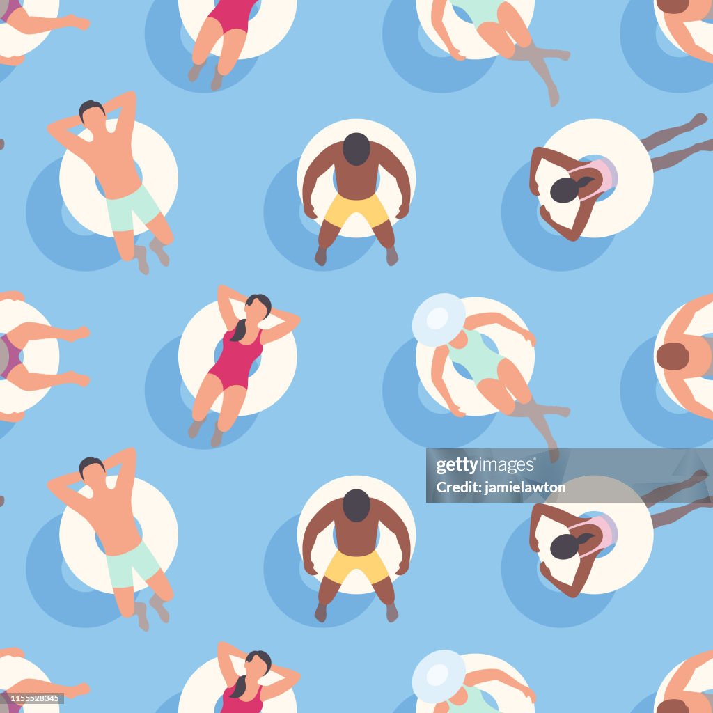 Seamless Summer Background with People relaxing on Inflatable Rings