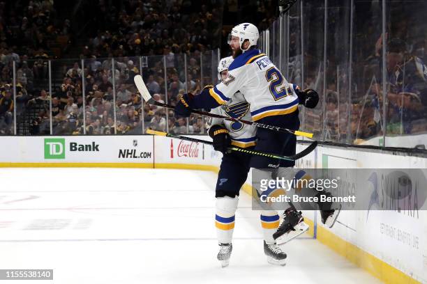 Alex Pietrangelo of the St. Louis Blues celebrates his first period goal with teammate Alexander Steen against the Boston Bruinsin Game Seven of the...