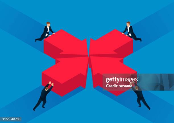 merging, the same goal, four businessmen push the arrows together - consolidation stock illustrations