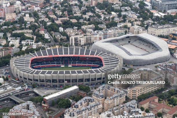 This aerial view taken on July 14, 2019 shows the Jean Bouin stadium and the Parc des Princes stadium.