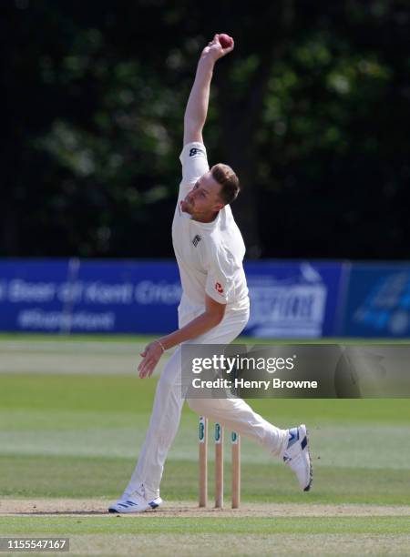 Ollie Robinson of England Lions bowls the ball during the England Lions v Australia A match at The Spitfire Ground on July 14, 2019 in Canterbury,...