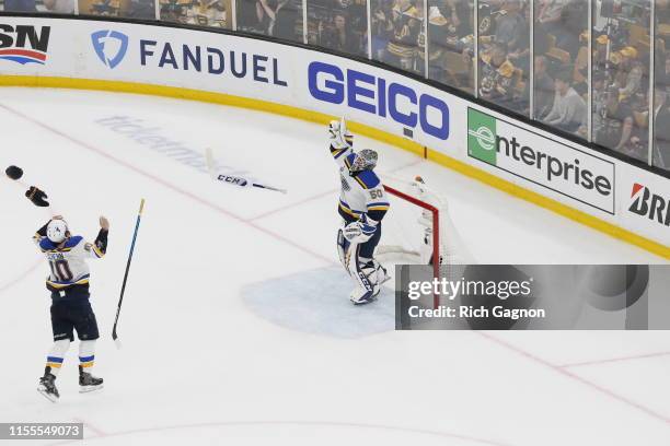 Jordan Binnington of the St. Louis Blues celebrates with his teammates after defeating the Boston Bruins in Game Seven to win the 2019 NHL Stanley...