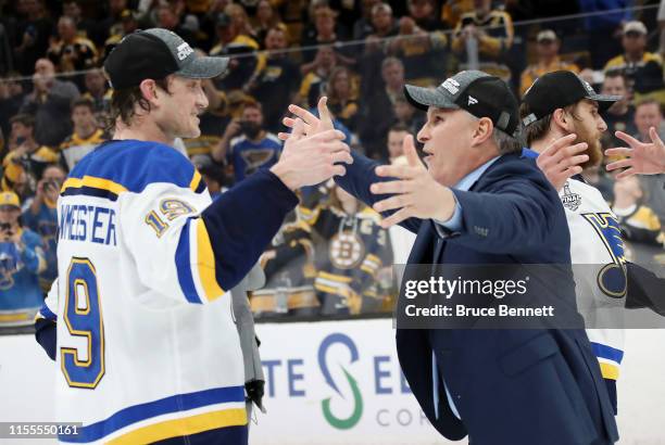 Jay Bouwmeester and head coach Craig Berube of the St. Louis Blues celebrate after their 4-1 win over the Boston Bruins to win Game Seven of the 2019...