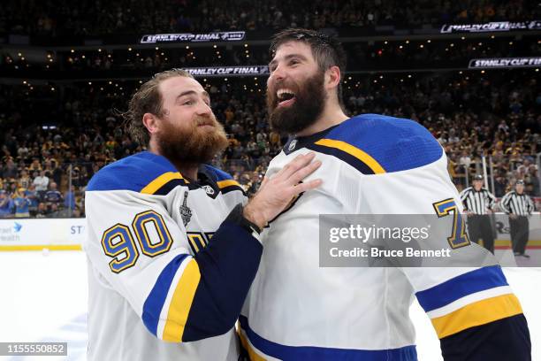 Ryan O'Reilly and Pat Maroon of the St. Louis Blues celebrate after defeating the Boston Bruins to win Game Seven of the 2019 NHL Stanley Cup Final...