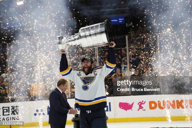 Alex Pietrangelo of the St. Louis Blues celebrates with the Stanley Cup after defeating the Boston Bruins in Game Seven to win the 2019 NHL Stanley...