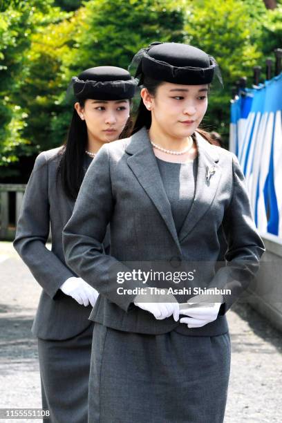 Princess Mako and Princess Kako of Akishino attend the 5th anniversary memorial to commemorate Prince Katsura at Toshimagaoka Cemetery on June 08,...