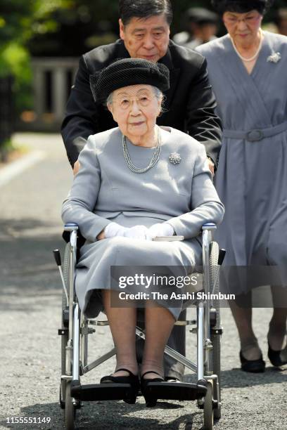 Princess Yuriko of Mikasa attends the 5th anniversary memorial to commemorate her son Prince Katsura at Toshimagaoka Cemetery on June 08, 2019 in...
