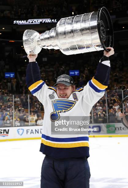 Vladimir Tarasenko of the St. Louis Blues hoists the cup after defeating the Boston Bruins 4-1 to win Game Seven of the 2019 NHL Stanley Cup Final at...