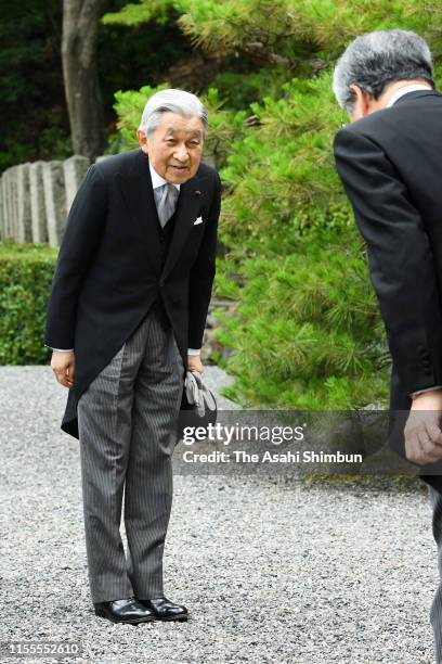 Emperor Emeritus Akihito visits the mausoleum of Emperor Komei on June 12, 2019 in Kyoto, Japan.