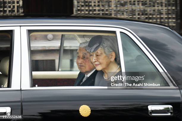 Emperor Emeritus Akihito and Empress Emerita Michiko are seen on arrival at Sennyuji Temple to visit the mausoleum of Emperor Komei on June 12, 2019...