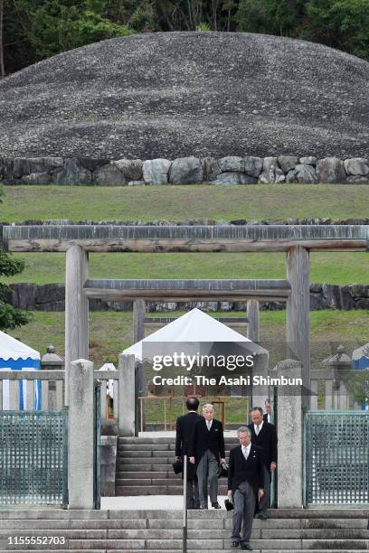 Emperor Emeritus Akihito visits the mausoleum of Emperor Meiji on June 12, 2019 in Kyoto, Japan.