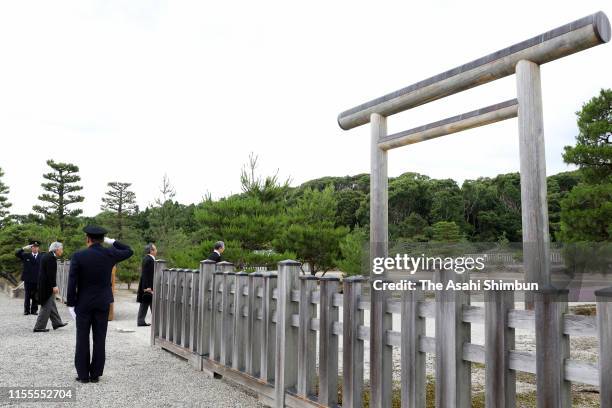 Emperor Emeritus Akihito visits the mausoleum of Emperor Meiji on June 12, 2019 in Kyoto, Japan.