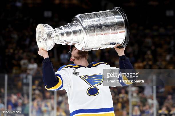 David Perron of the St. Louis Blues celebrates with the Stanley cup after defeating the Boston Bruins in Game Seven of the 2019 NHL Stanley Cup Final...