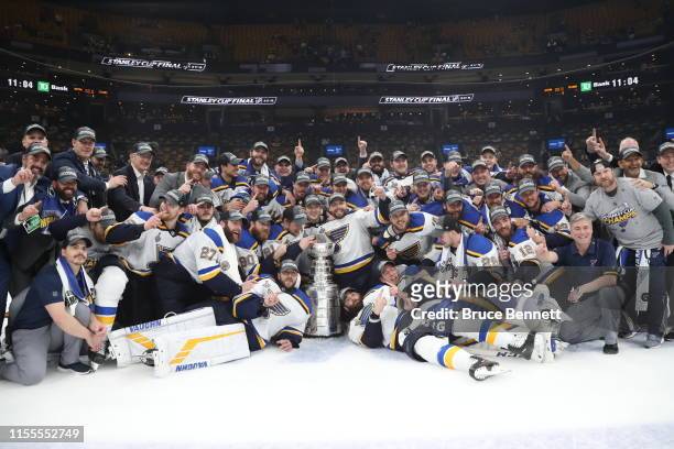 The St. Louis Blues celebrate after defeating the Boston Bruins in Game Seven to win the 2019 NHL Stanley Cup Final at TD Garden on June 12, 2019 in...