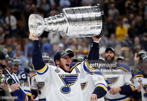 Alexander Steen of the St. Louis Blues celebrates with the Stanley cup after defeating the Boston Bruins in Game Seven of the 2019 NHL Stanley Cup...