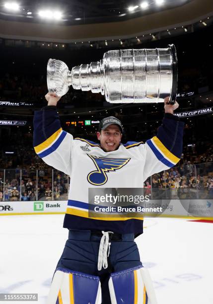 Jordan Binnington of the St. Louis Blues celebrates with the Stanley cup after defeating the Boston Bruins in Game Seven of the 2019 NHL Stanley Cup...