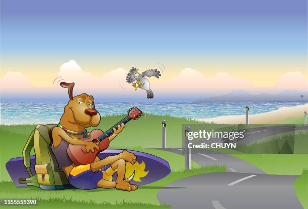 ilustraciones, imágenes clip art, dibujos animados e iconos de stock de perro de vacaciones - amigos surferos
