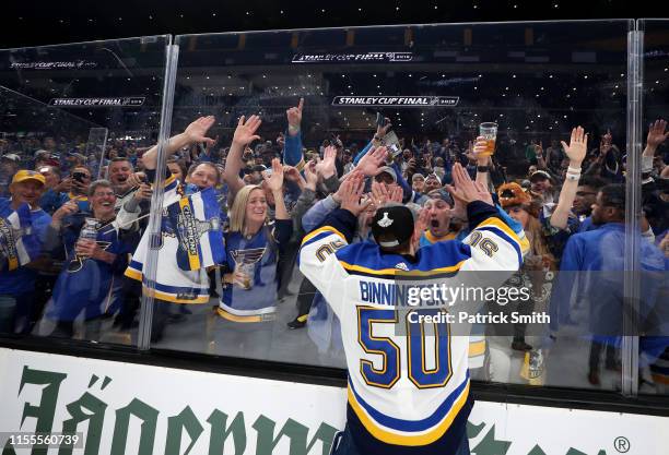 Jordan Binnington of the St. Louis Blues celebrates with the fans after defeating the Boston Bruins in Game Seven of the 2019 NHL Stanley Cup Final...