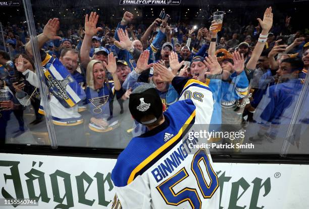 Jordan Binnington of the St. Louis Blues celebrates with the fans after defeating the Boston Bruins in Game Seven of the 2019 NHL Stanley Cup Final...