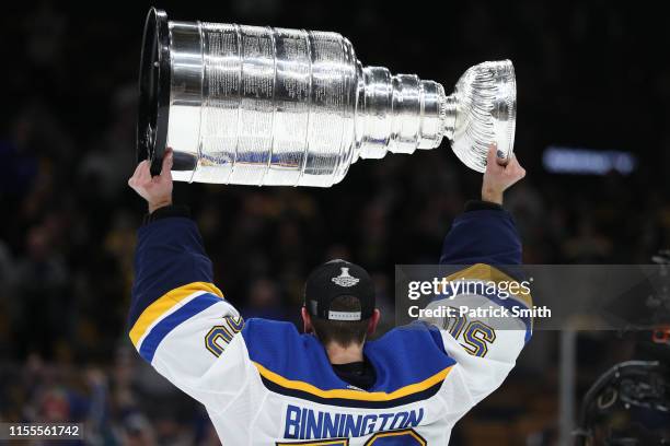 Jordan Binnington of the St. Louis Blues celebrates with the Stanley cup after defeating the Boston Bruins in Game Seven of the 2019 NHL Stanley Cup...
