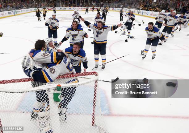 The St. Louis Blues celebrate after defeating the Boston Bruins in Game Seven to win the 2019 NHL Stanley Cup Final at TD Garden on June 12, 2019 in...