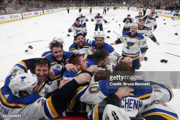 The St. Louis Blues celebrate after defeating the Boston Bruins in Game Seven to win the 2019 NHL Stanley Cup Final at TD Garden on June 12, 2019 in...