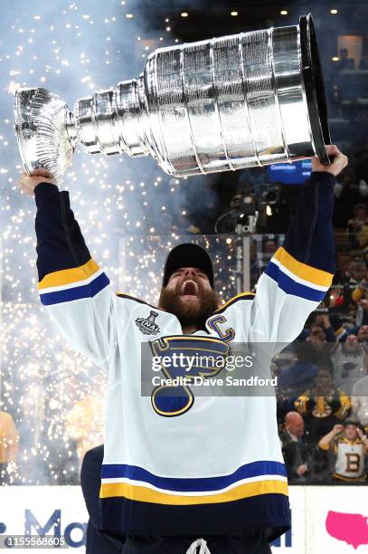 Captain Alex Pietrangelo of the St. Louis Blues hoists the Stanley Cup after the 2019 NHL Stanley Cup Final at TD Garden on June 12, 2019 in Boston,...