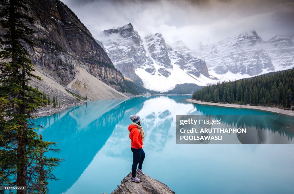 Hiking to the top , moraine lake , banff national park in canadian rockies, alberta , canada