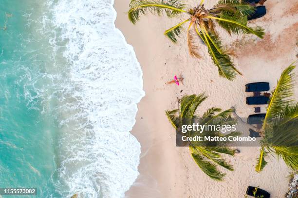 woman lying down on beach, aerial view, ko samui, thailand - ko samui stockfoto's en -beelden