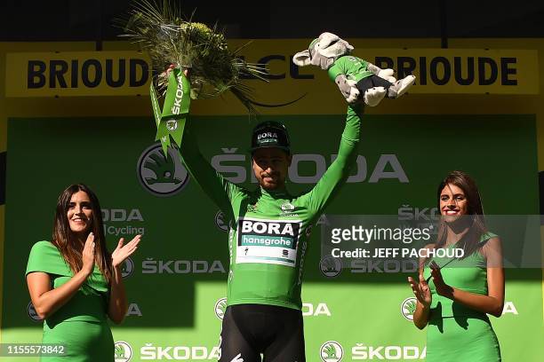 Slovakia's Peter Sagan celebrates his best sprinter's green jersey on the podium of the ninth stage of the 106th edition of the Tour de France...