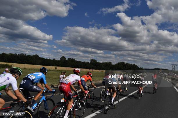 Cyclists ride in a breakaway during the ninth stage of the 106th edition of the Tour de France cycling race between Saint-Etienne and Brioude, on...