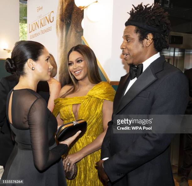 Meghan, Duchess of Sussex meets cast and crew, including Beyonce Knowles-Carter Jay-Z as she attends the European Premiere of Disney's "The Lion...