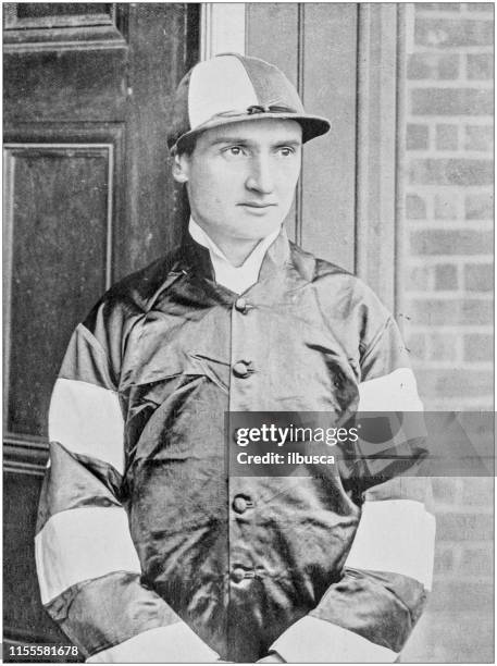 stockillustraties, clipart, cartoons en iconen met antieke vintage zwart-wit foto: horseracing jockey portret - cap hat
