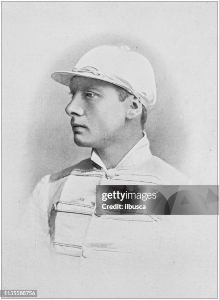 stockillustraties, clipart, cartoons en iconen met antieke vintage zwart-wit foto: horseracing jockey portret - cap hat