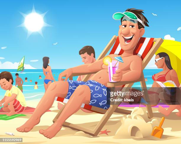 illustrazioni stock, clip art, cartoni animati e icone di tendenza di uomo sdraiato su una sedia a sdraio in spiaggia - sedia a sdraio