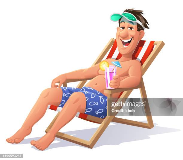 ilustraciones, imágenes clip art, dibujos animados e iconos de stock de el hombre joven acostado en una tumbona - playa verano felicidad