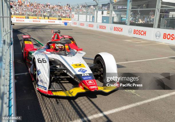 Daniel Abt of Audi Sport team drives electric racing car during New York City E-Prix 2019 Formula E Round 12 at Red Hook.