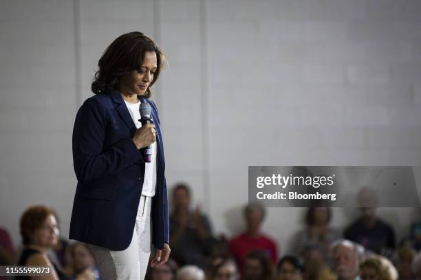 Senator Kamala Harris, a Democrat from California and 2020 presidential candidate, pauses while speaking during a town hall event in Somersworth, New...