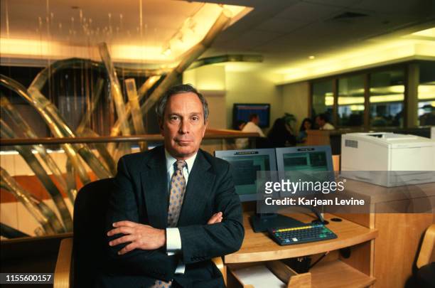 Businessman Michael Bloomberg poses for a portrait with a pair of Bloomberg Terminals on April 22, 1998 in New York City, New York.