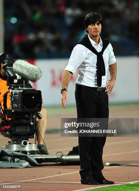 Germany's coach Joachim Loew reacts during the Euro 2012 qualifier football match Azerbaijan vs Germany on June 7, 2011 in Baku, Azerbaijan. Germany...