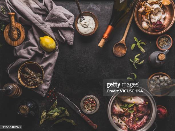 food background with ingredients for wildfowl ragout or stew, frame - cooking utensil stock pictures, royalty-free photos & images