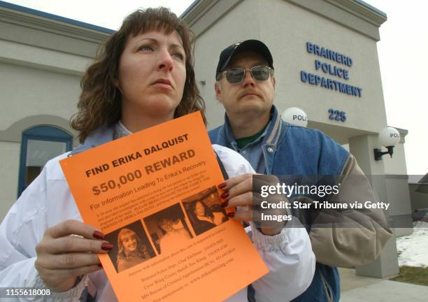 Brainerd, MN., Friday, . Colleen and Duane Dalquist were photographed infront of the Brainerd Police Department with the reward posters for Erika...