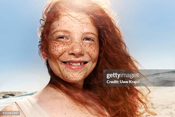 girl with freckles on face, portrait, close up - freckles ストックフォトと画像